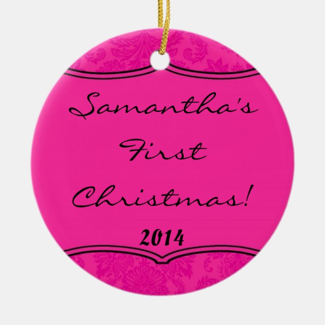 Hot Pink Damask Lace Personalized Name Ornament (Front)