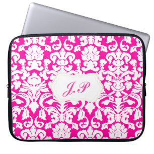 Hot pink damask laptop case with custom initials
