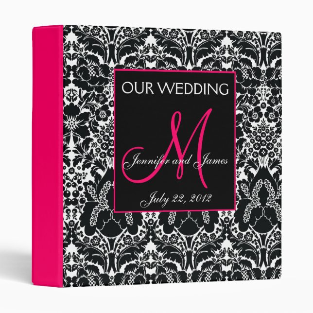 Hot Pink Damask Monogram Wedding Photo Planner Binder (Front/Spine)