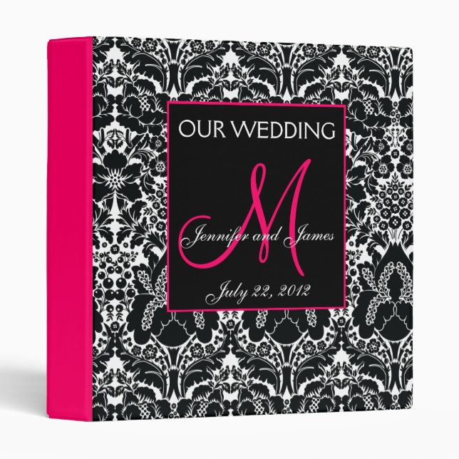 Hot Pink Damask Monogram Wedding Photo Planner Binder (Front/Spine)