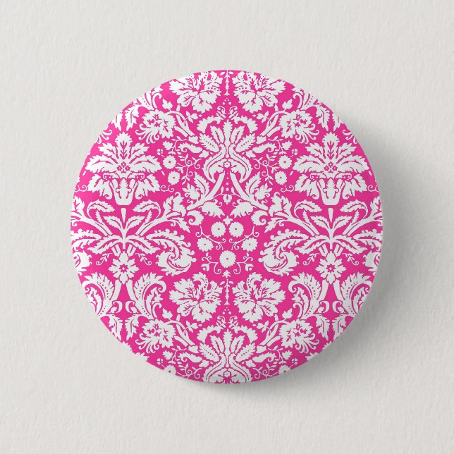 Hot pink damask pattern 2 inch round button (Front)