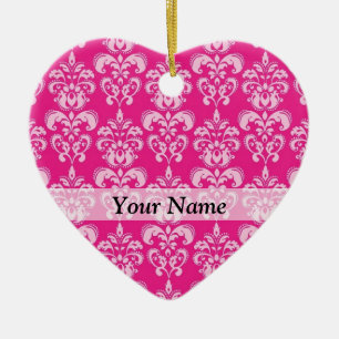 Hot pink damask pattern ceramic ornament