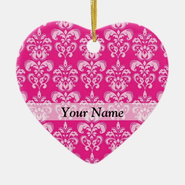 Hot pink damask pattern ceramic ornament (Front)