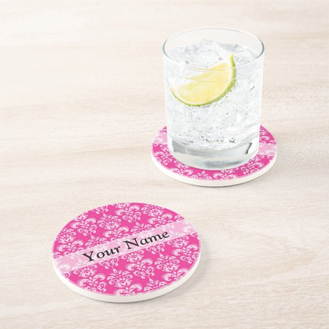 Hot pink damask pattern coaster (Side)