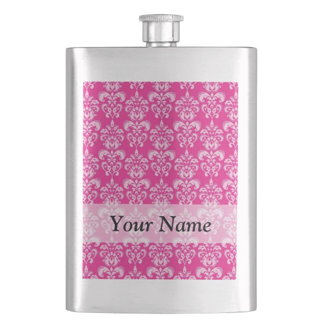 Hot pink damask pattern hip flask (Front)