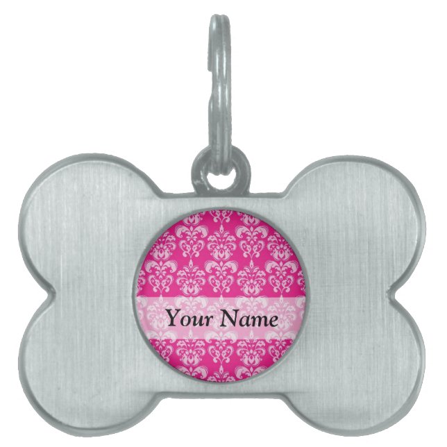 Hot pink damask pattern pet tag (Front)