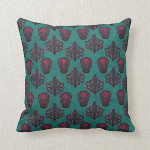 Hot Pink Damask Skulls On Teal Throw Pillow