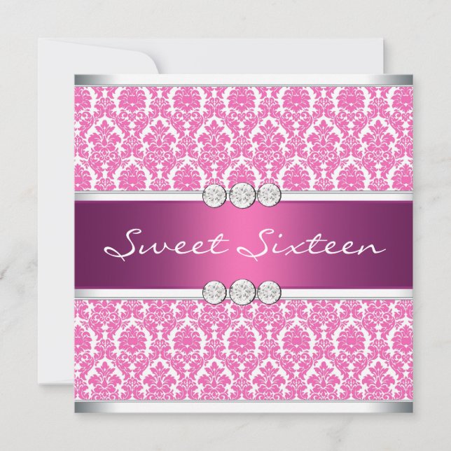 Hot Pink Damask Sweet 16 Party Invitation (Front)