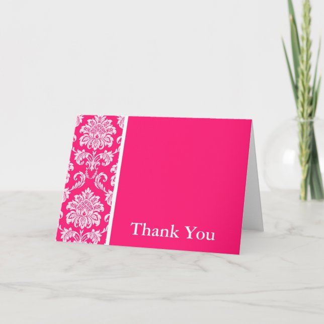 Hot Pink Damask Thank You Card (Front)