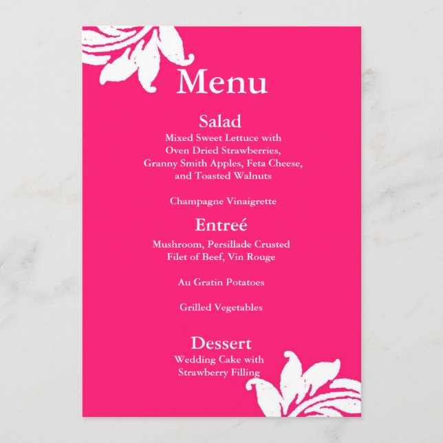 Hot Pink Damask Wedding Menu (Front)
