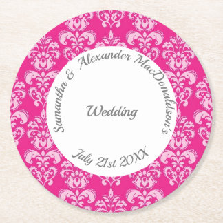 Hot Pink damask wedding Round Paper Coaster