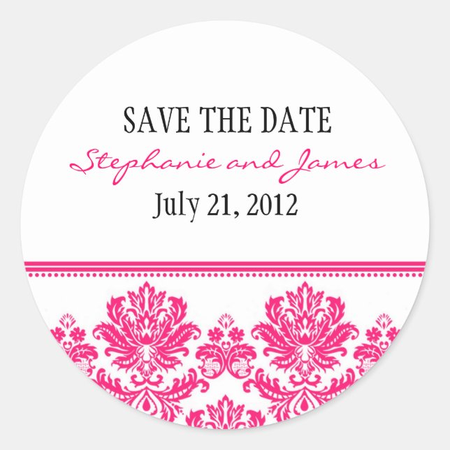 Hot Pink Damask Wedding Sticker (Front)
