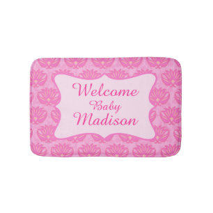 Hot Pink Damask Welcome Name Personalized Baby Rug