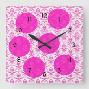 Hot Pink Damask with Pink Polka Dots Square Wall Clock