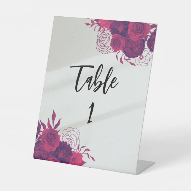 Hot Pink & Dark Purple Bright Floral Wedding Pedestal Sign (Front)