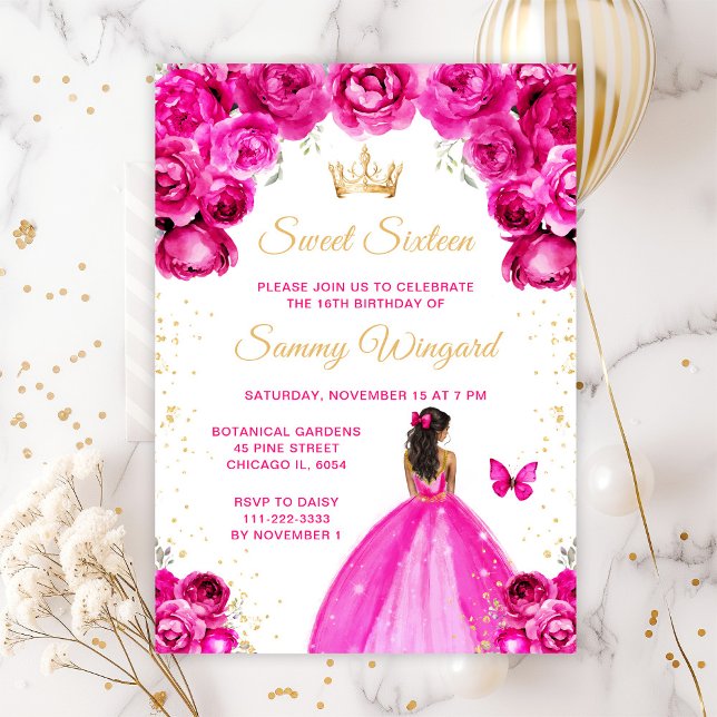 Hot Pink Dark Skin Princess Sweet Sixteen Invitation (Creator Uploaded)