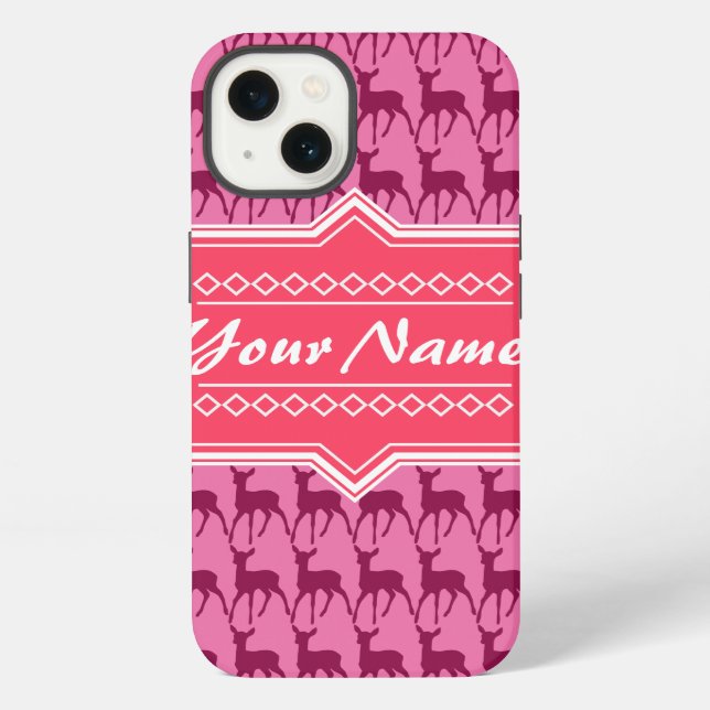 Hot Pink Deer, Personalized Name iPhone Case (Back)