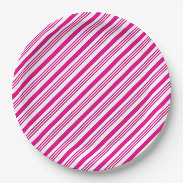 Hot Pink Diagonal Candy Stripe Pattern Paper Plate (Front)