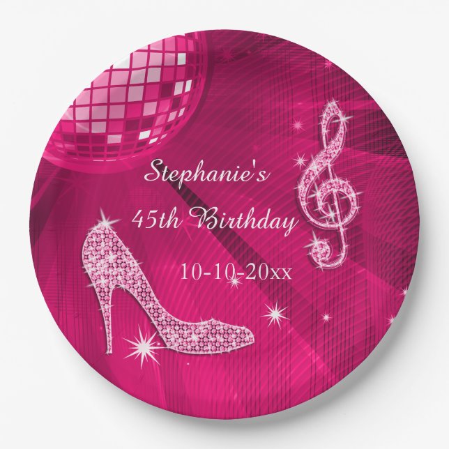 Hot Pink Disco Ball and Heels 45th Birthday Paper Plate (Front)