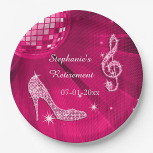 Hot Pink Disco Ball and Heels Retirement Paper Plate