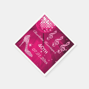 Hot Pink Disco Ball and Sparkle Heels 40th Napkin