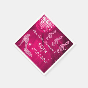 Hot Pink Disco Ball and Sparkle Heels 50th Napkin