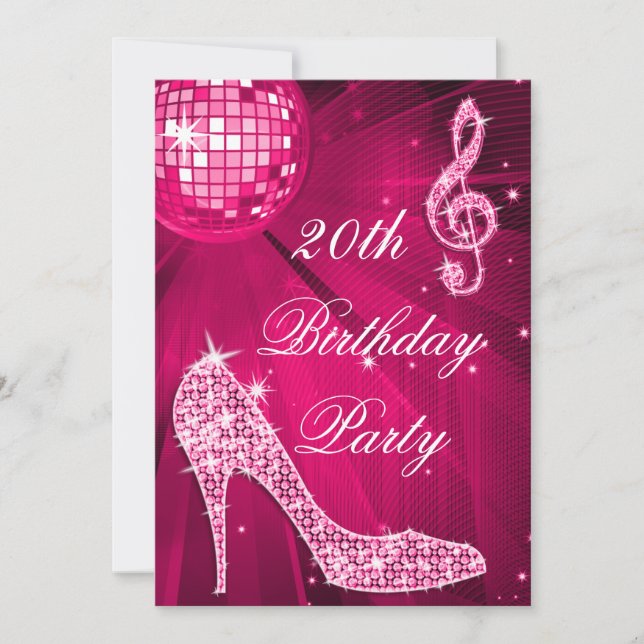 Hot Pink Disco Ball Sparkle Heels 20th Birthday Invitation (Front)