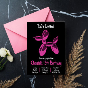 Hot Pink Dog Balloon Animal, Teen Birthday Party Invitation