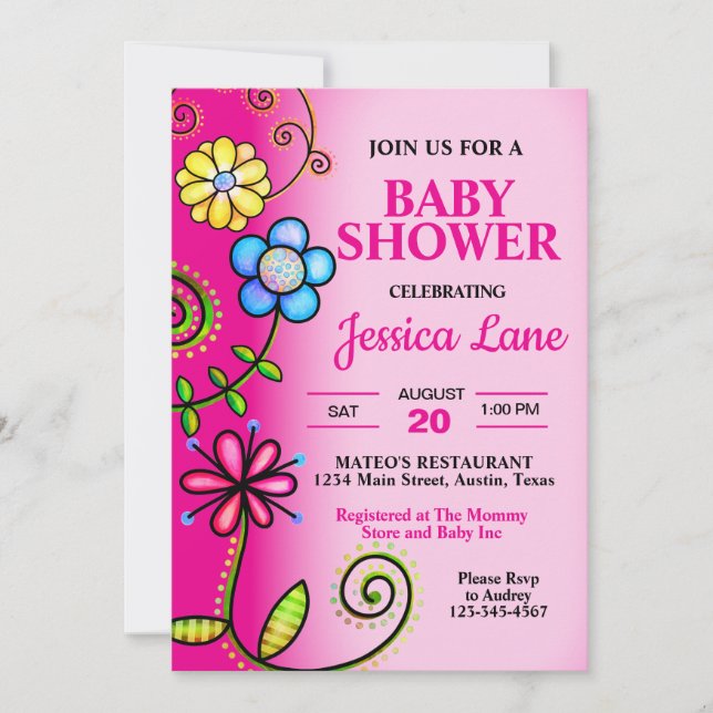 Hot Pink Doodle Flowers Baby Shower Invitation (Front)