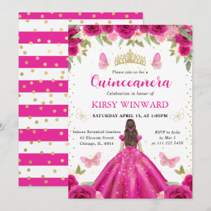 Hot Pink Dress Brunette Princess Quinceanera Invitation