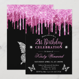 Hot Pink Dripping Glitter 21st Birthday Invitation