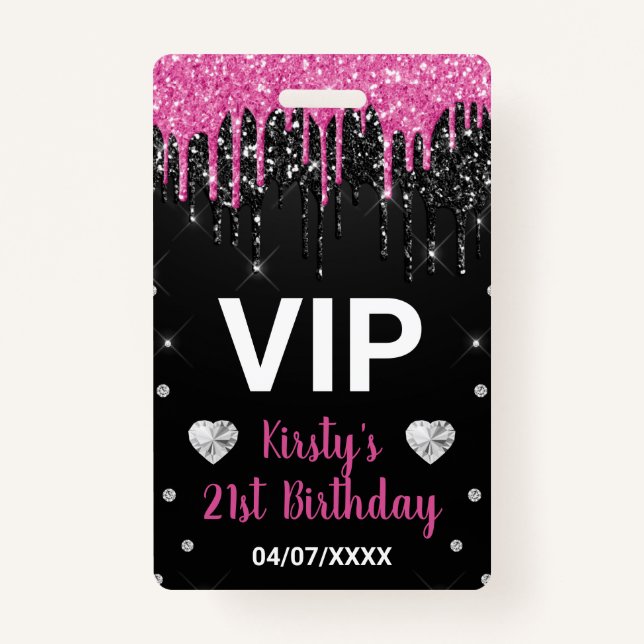 Hot Pink Dripping Glitter & Diamonds Birthday Badge (Front)