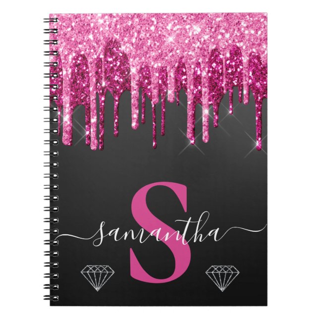 Hot Pink Dripping Glitter on Black Monogram Notebook (Front)