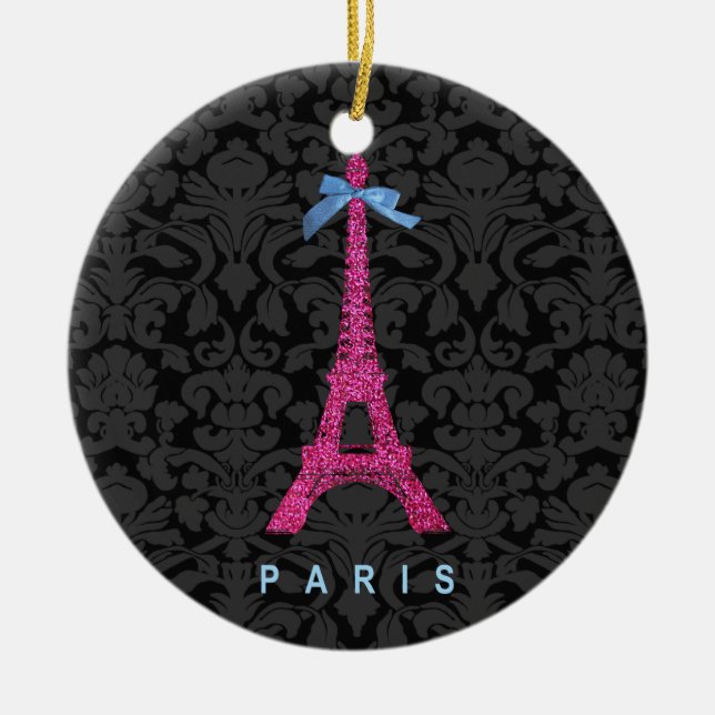 Hot Pink Eiffel Tower in faux glitter Ceramic Ornament (Front)