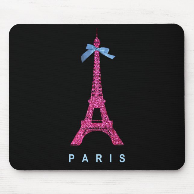 Hot Pink Eiffel Tower in faux glitter on black Mouse Pad (Front)