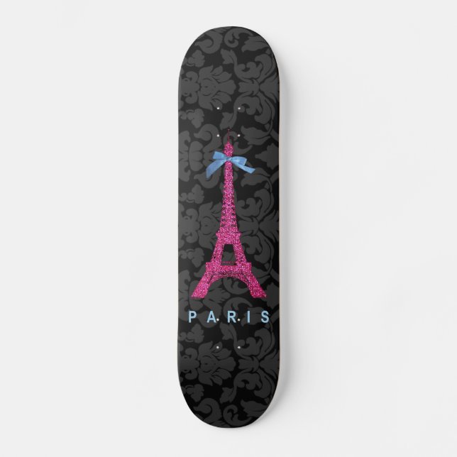 Hot Pink Eiffel Tower in faux glitter Skateboard (Front)