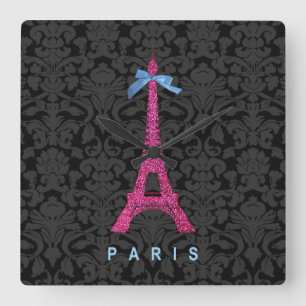 Hot Pink Eiffel Tower in faux glitter Square Wall Clock