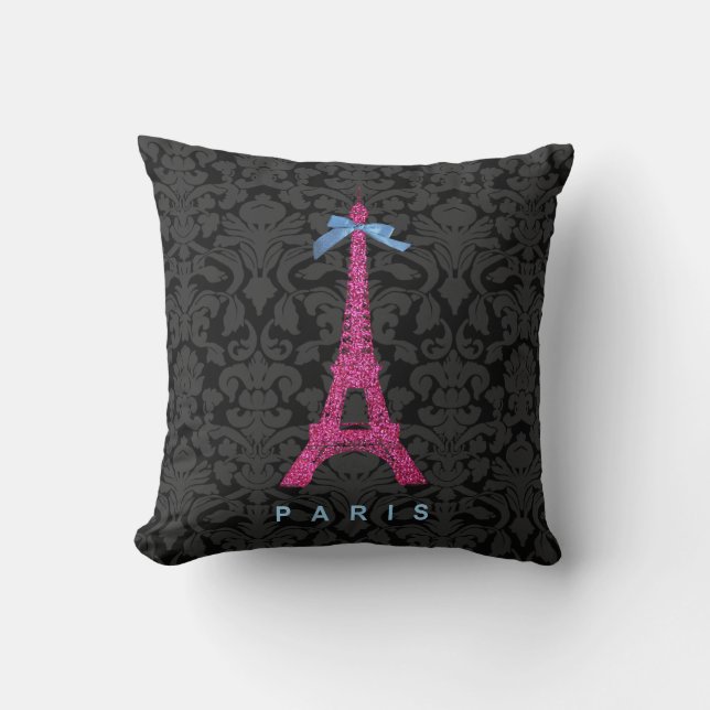 Hot Pink Eiffel Tower in faux glitter Throw Pillow (Front)