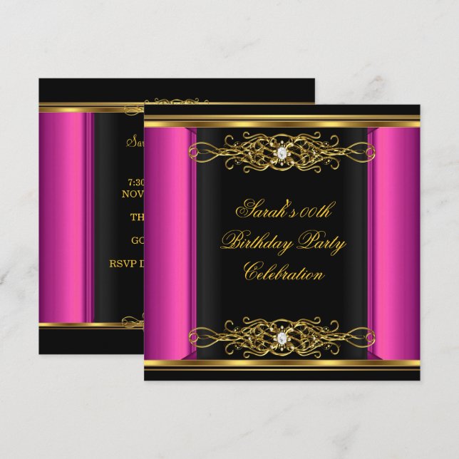Hot Pink Elegant Birthday Party Black Gold Invitation (Front/Back)