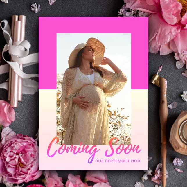 Hot Pink Elegant Typography Photo Pregnancy Announcement (Creator Uploaded)