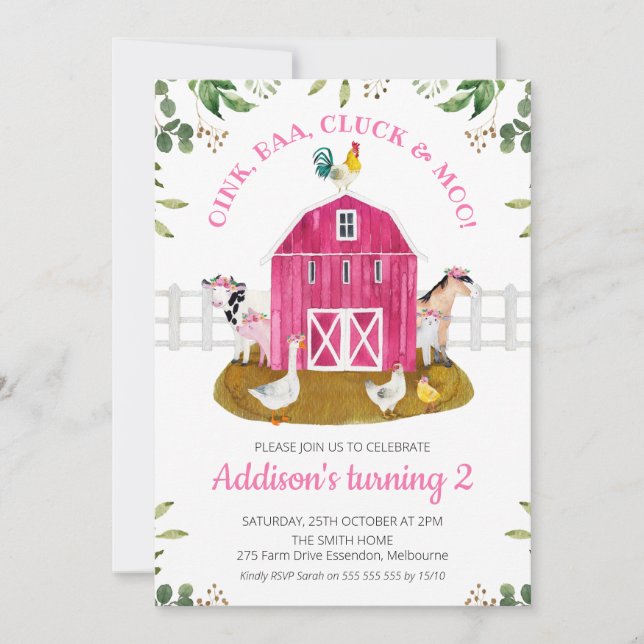Hot Pink Farm Scene Foliage Birthday Invitation (Front)