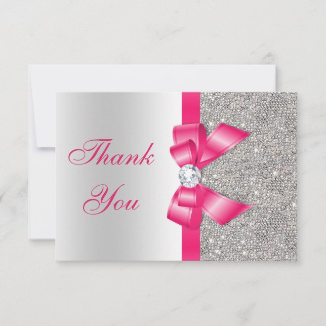 Hot Pink Faux Bow & Diamonds Blank Thank You Card (Front)