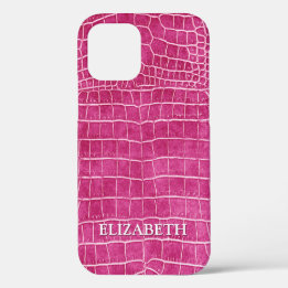 Hot Pink Faux Crocodile Leather Personalized Name iPhone 12 Case