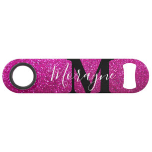 Hot Pink Faux Glitter Black White Monogram Name Bar Key