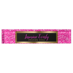Hot Pink Faux Glitter Gold Accents Nameplate