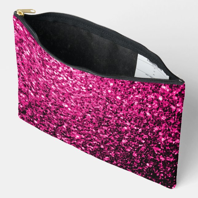 Hot pink faux glitter sparkles accessory pouch (Open)