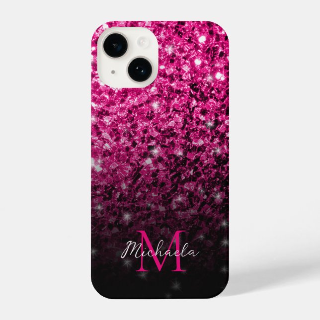 Hot pink faux glitter sparkles bling Monogram iPhone Case (Back)