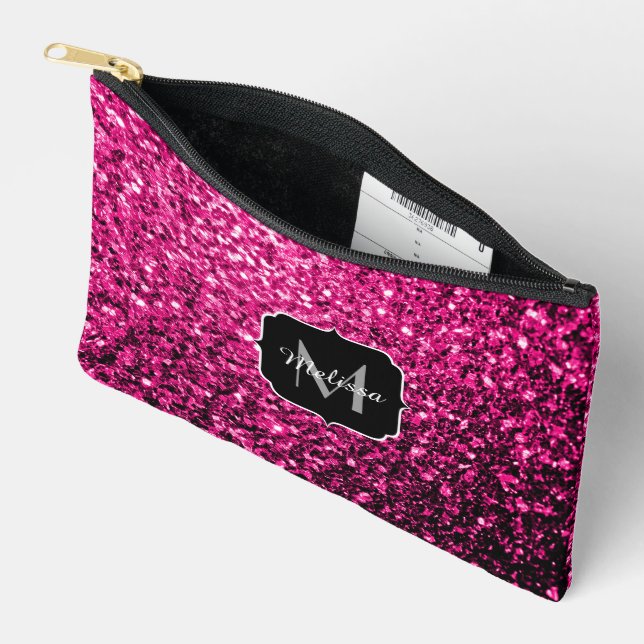 Hot pink faux glitter sparkles Monogram Accessory Pouch (Open)