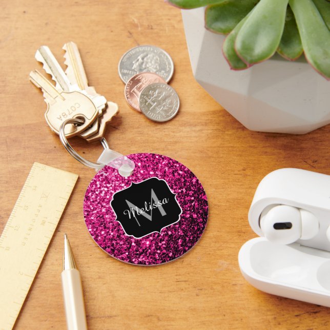 Hot pink faux glitter sparkles Monogram Keychain (Desk)