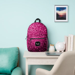 Hot pink faux glitter sparkles Monogram Printed Backpack